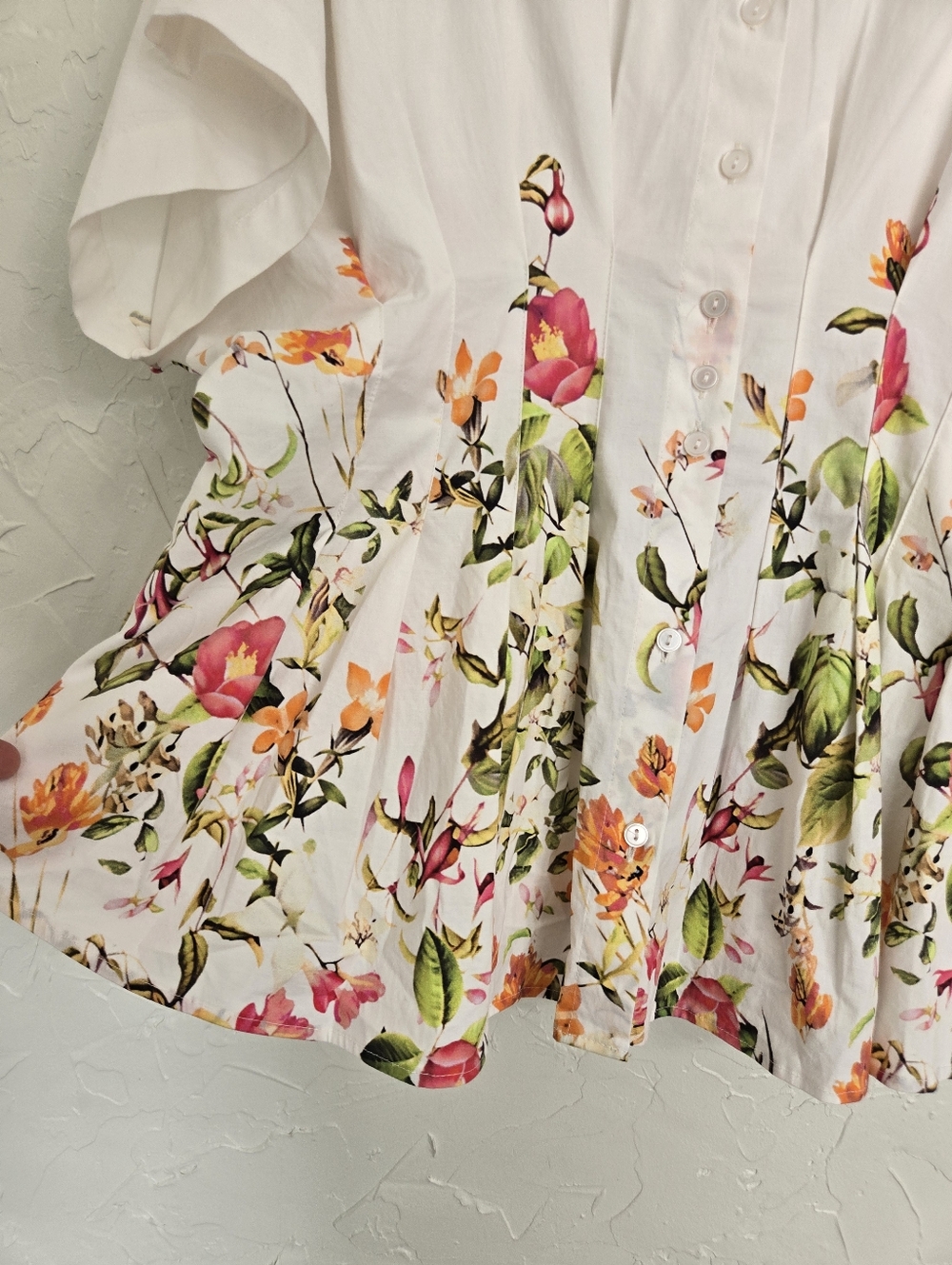 Anthro EXQUISE Pleated Floral Button Up White Pink Top, XL - Picture 5 of 11